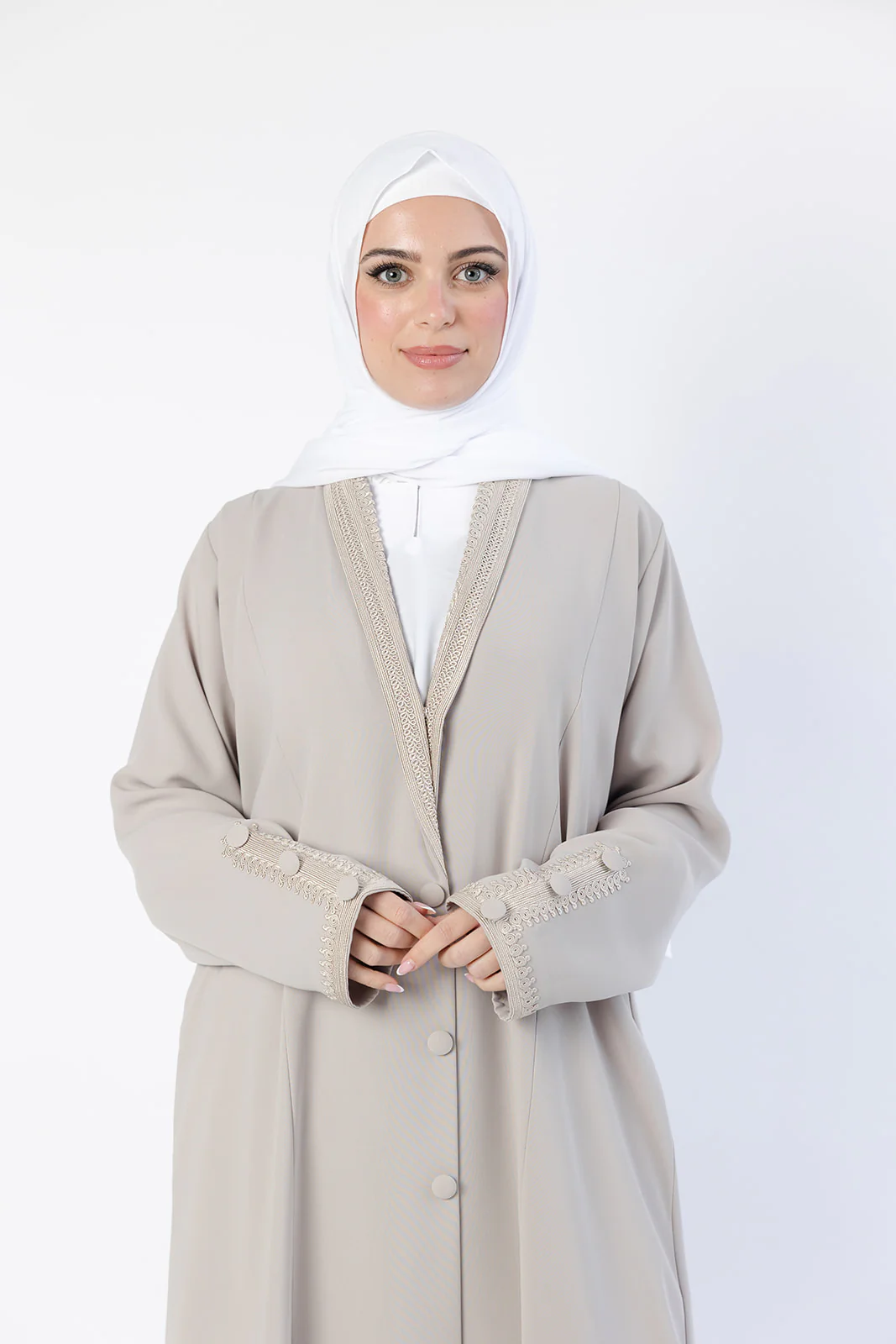 Beige Embroidered Collar and Cuffs Open Abaya - Image 3